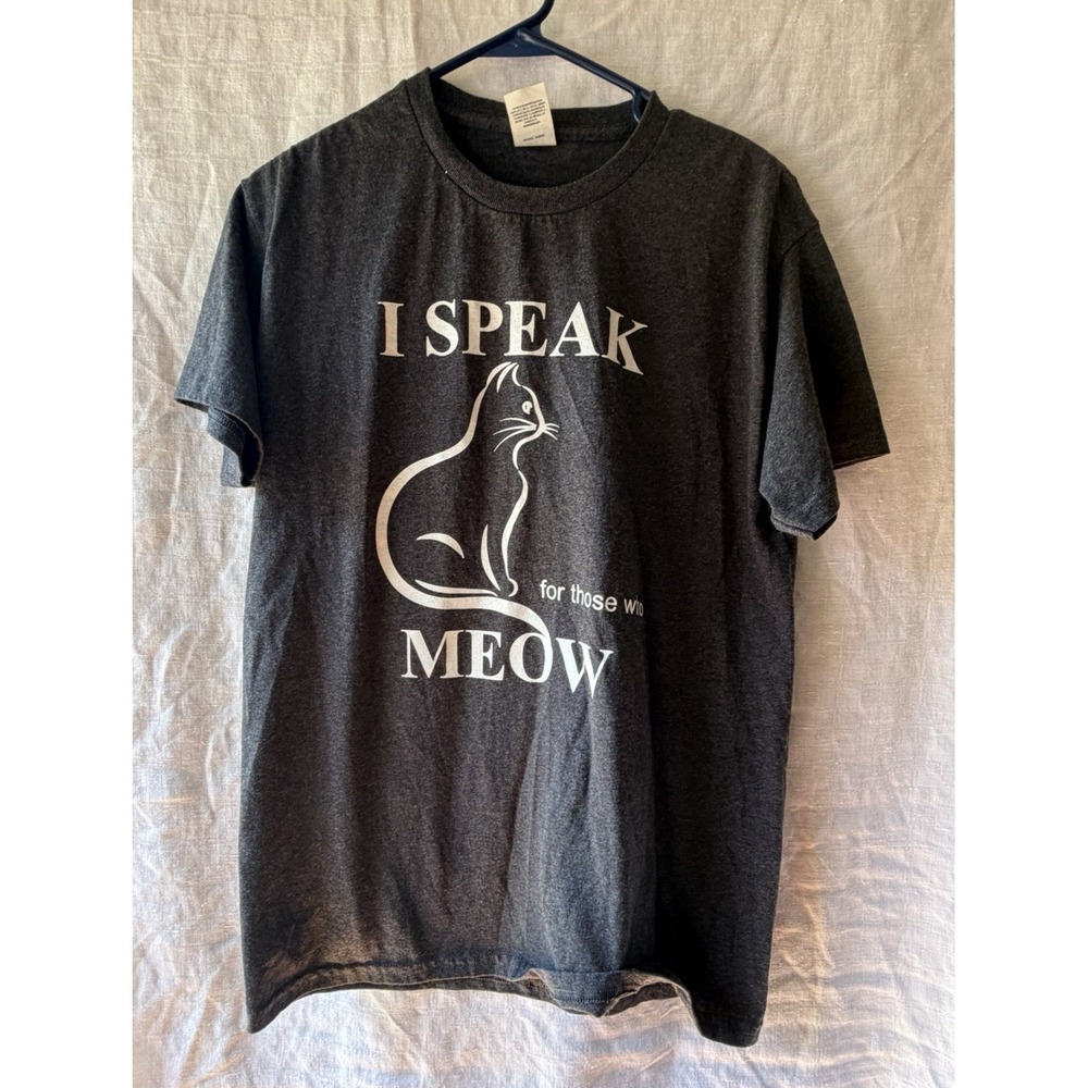 I Speak Meow Cat Graphic T Shirt Womens Medium Gray Funny Cat Lover Tee